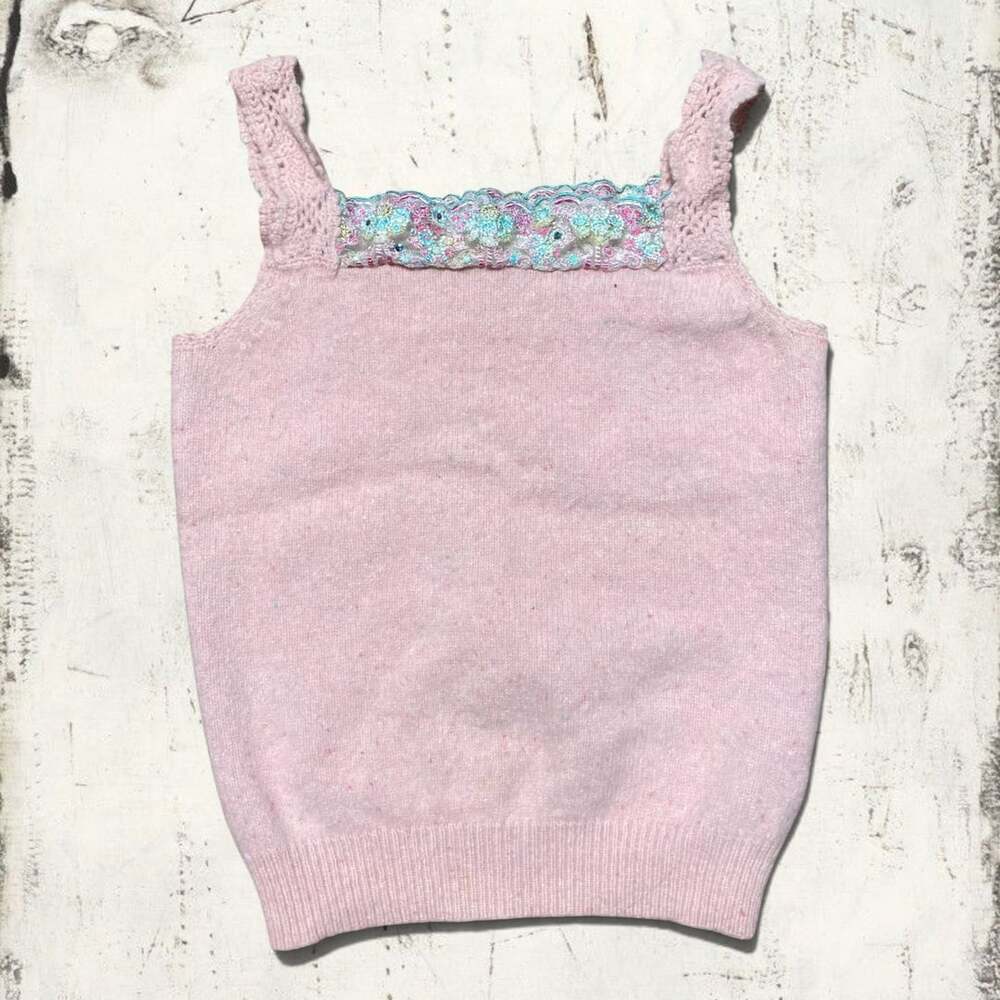 Vintage Moiselle Pastel Pink Knit Tank - Floral Lace & Crochet Detail